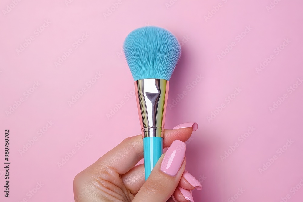 A stylish young influencer holds a bright blue makeup brush elegantly, highlighting its vivid color against a soft pink background, capturing the essence of beauty and creativity in her aesthetic. A stylish young influencer holds a bright blue makeup brush elegantly, highlighting its vivid color against a soft pink background, capturing the essence of beauty and creativity in her aesthetic.