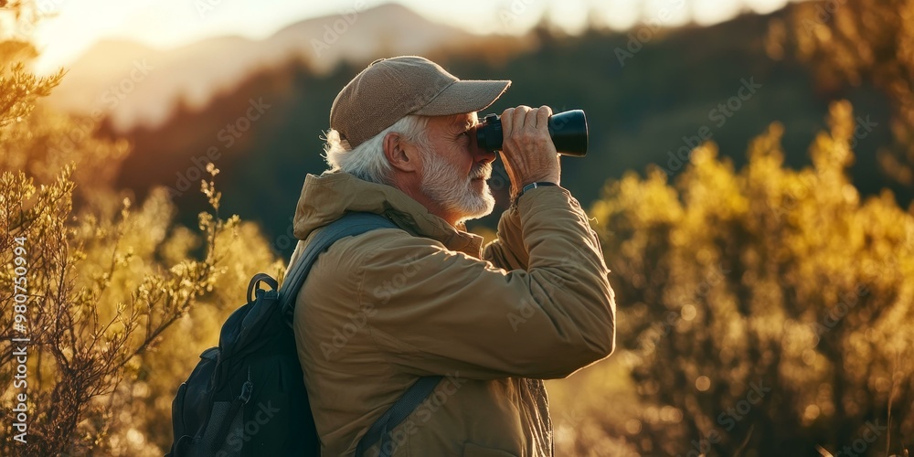 Fototapeta premium An elderly man with a backpack uses binoculars in the