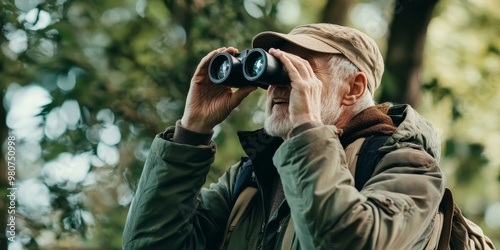 Man in the woods looking through binoculars.