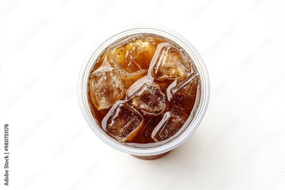 Takeaway plastic cup with iced cold coffee drink isolated on white background, Top view , ai Takeaway plastic cup with iced cold coffee drink isolated on white background, Top view , ai