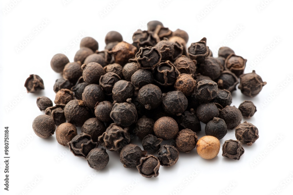 A cluster of dark, round black peppercorns draws attention with their textured surfaces, each peppercorn reflecting natural variations and imperfections against a pristine white backdrop. A cluster of dark, round black peppercorns draws attention with their textured surfaces, each peppercorn reflecting natural variations and imperfections against a pristine white backdrop.