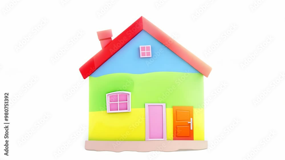 Colorful toy house with bright walls and a red roof, isolated on a white background Colorful toy house with bright walls and a red roof, isolated on a white background