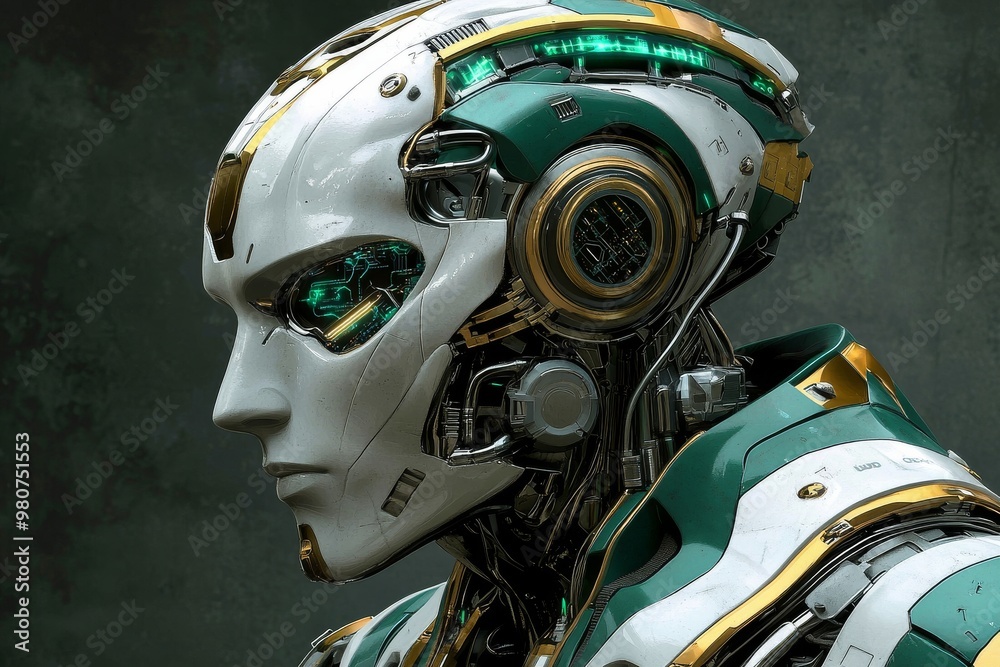 Fototapeta premium Advanced humanoid robot with metallic circuits and neural systems symbolizing the futuristic integration of artificial intelligence with human like cognitive abilities
