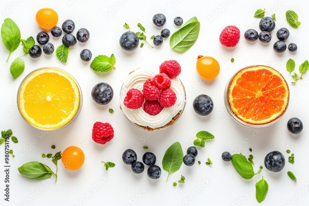 Vibrant fruits like oranges, blueberries, and raspberries are beautifully displayed alongside creamy cheesecake components, creating an enticing and artistic culinary preparation full of flavors. Vibrant fruits like oranges, blueberries, and raspberries are beautifully displayed alongside creamy cheesecake components, creating an enticing and artistic culinary preparation full of flavors.