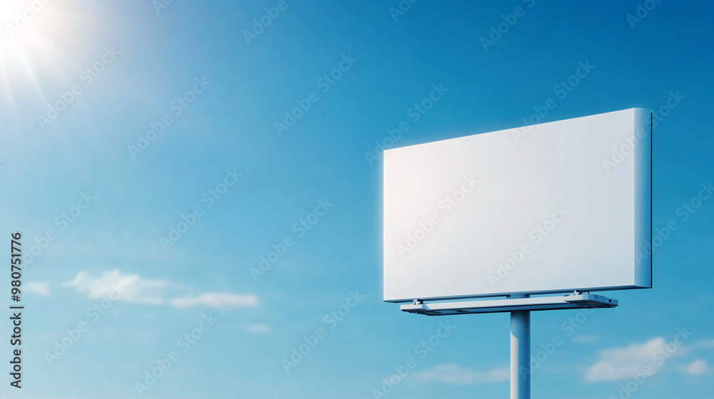 Fototapeta premium A large white billboard sits on a pole in front of a blue sky. The billboard is empty, but it is a blank canvas for a company to advertise their products or services