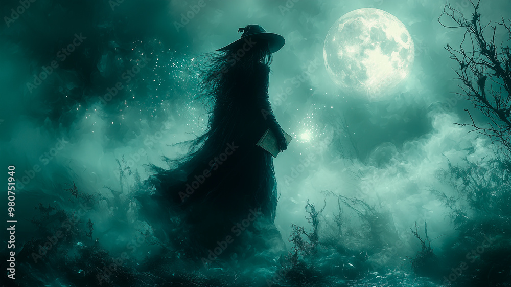 Silhouette of a Witch Under the Full Moon in a Mystical Forest Silhouette of a Witch Under the Full Moon in a Mystical Forest