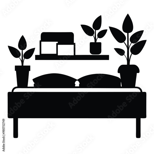 a double bed with table and-houseplants illustion on a white background photo