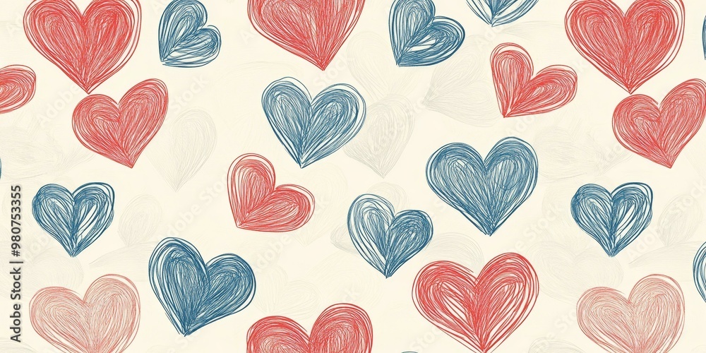 Fototapeta premium Red and blue hearts on a white background.