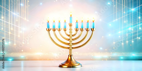 Abstract Glowing Menorah in Futuristic Digital Background: A Stunning Fusion of Tradition and Modernity for Holiday Ecommerce Campaigns