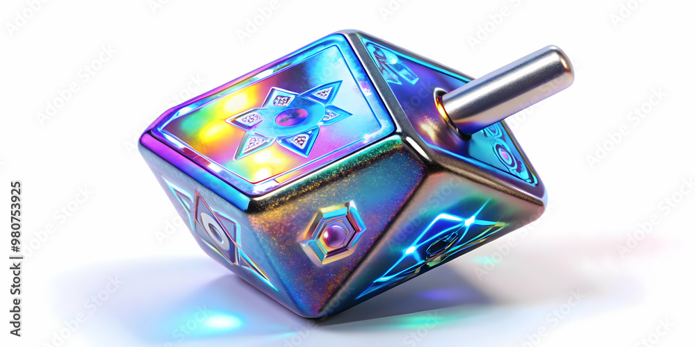 3D Macro Shot of Futuristic Holographic Dreidel with Hebrew Symbols - High-Tech Close-Up of Spinning Game Icon on White Background