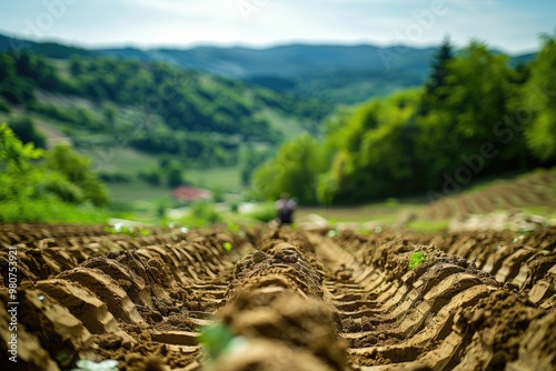 Blurry furrows on agricultural landscape near farm in Serbia. photo