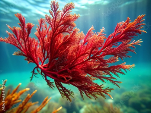 Vibrant red algae or seaweed branch sways gently in the ocean current, its delicate tendrils and feathery leaves unfolding like a crimson floral arrangement. photo