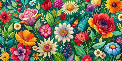 Vibrant abstract hand-drawn floral pattern in acrylic paint features blooming flowers and foliage in nature-inspired vintage art style, perfect for spring season design elements.