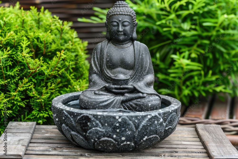 Private zen garden with Buddha statue and fountain. Private zen garden with Buddha statue and fountain.