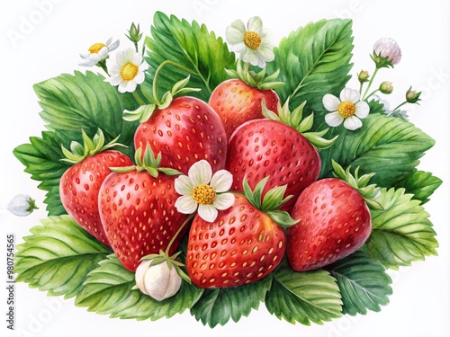 Vibrant watercolor illustration of large, juicy strawberry berries surrounded by lush green leaves and delicate white flowers on a crisp white background.
