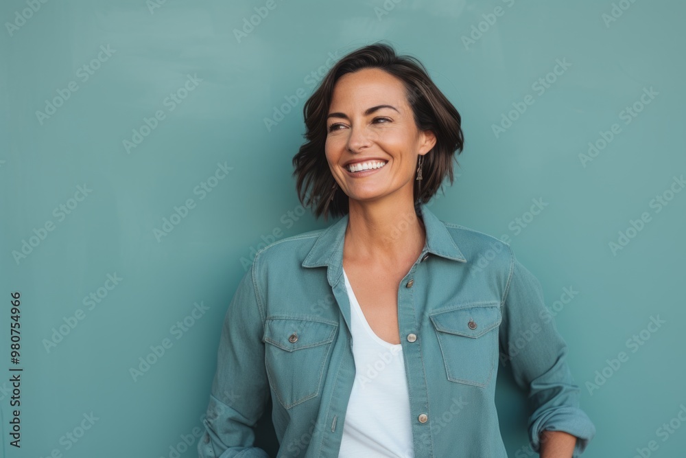 Portrait of a smiling woman in her 40s sporting a versatile denim shirt while standing against soft teal background Portrait of a smiling woman in her 40s sporting a versatile denim shirt while standing against soft teal background