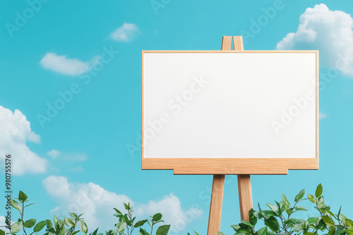 A white board is standing in a field with green plants. The sky is blue with clouds. The board is empty, but it could be used to display information or ideas. The scene is peaceful and serene photo