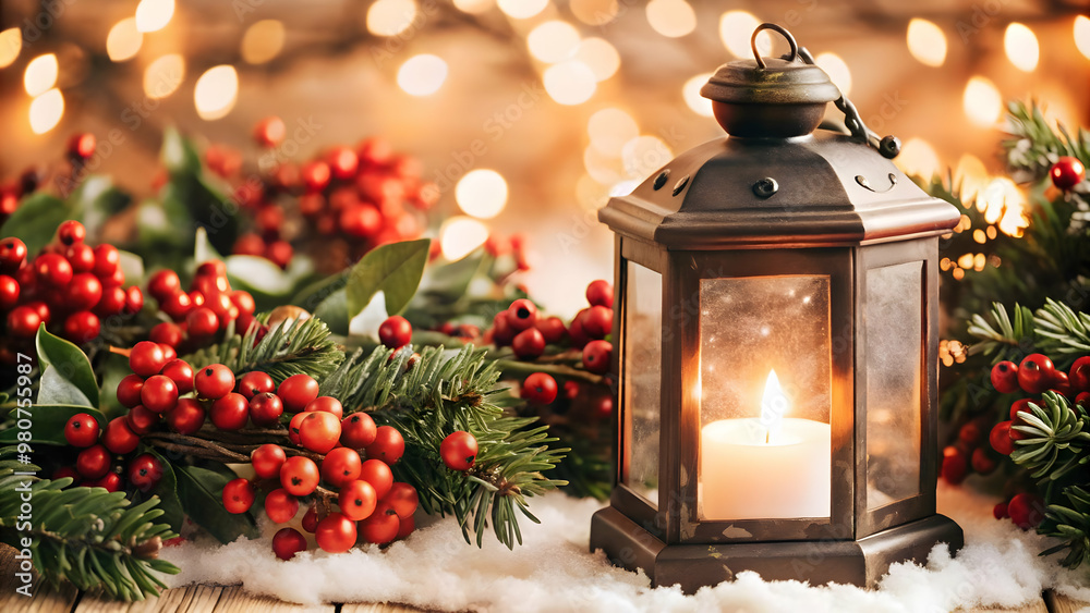 Festive Flat Winter Lantern & Holly Berries Frame with Ample Copy Space for Holiday Promotions - Ideal for Winter Greetings & Product Highlights Festive Flat Winter Lantern & Holly Berries Frame with Ample Copy Space for Holiday Promotions - Ideal for Winter Greetings & Product Highlights