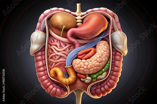 Detailed Illustration of Human Digestive System Showing Internal Organs and Structures in a Cross-Sectional View