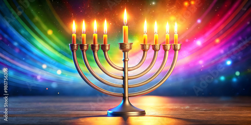 Glowing Menorah with Rainbow Light Streaks Creating a Vibrant and Festive Atmosphere for Hanukkah - Perfect Digital Art Concept for Holiday Advertisements