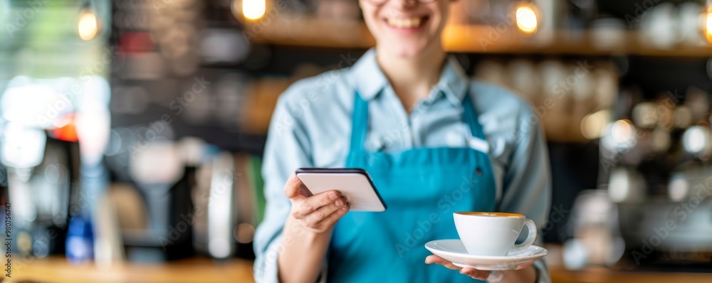 Barista holding a cup of coffee and a smartphone Barista holding a cup of coffee and a smartphone