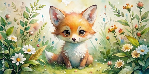 Whimsical watercolour painting of a curious baby fox with fluffy orange fur, white-tipped ears, and big round eyes, surrounded by lush greenery and flowers.