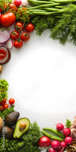 arrangement of food on a white background, with empty space in the center highlighting fresh vegetables