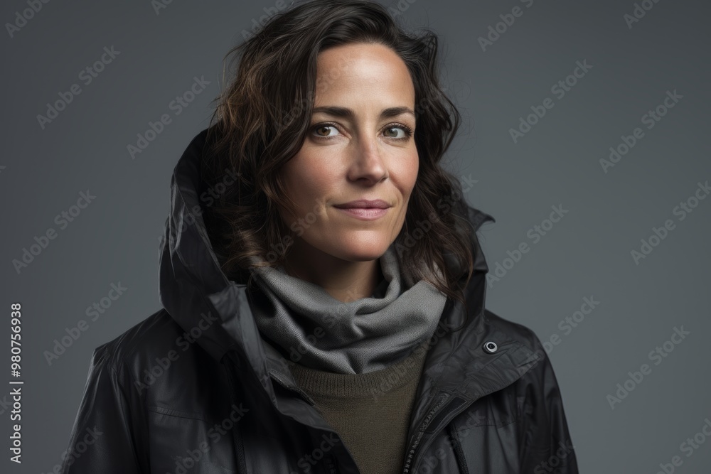 Portrait of a content woman in her 40s dressed in a water-resistant gilet isolated on soft gray background Portrait of a content woman in her 40s dressed in a water-resistant gilet isolated on soft gray background