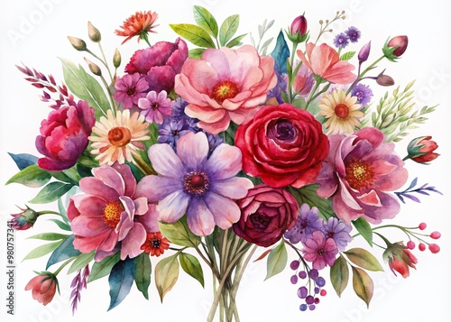 Vibrant bouquet of watercolor flowers in soft red, purple, and pink hues, delicately arranged in a whimsical, hand-painted arrangement on a white background.
