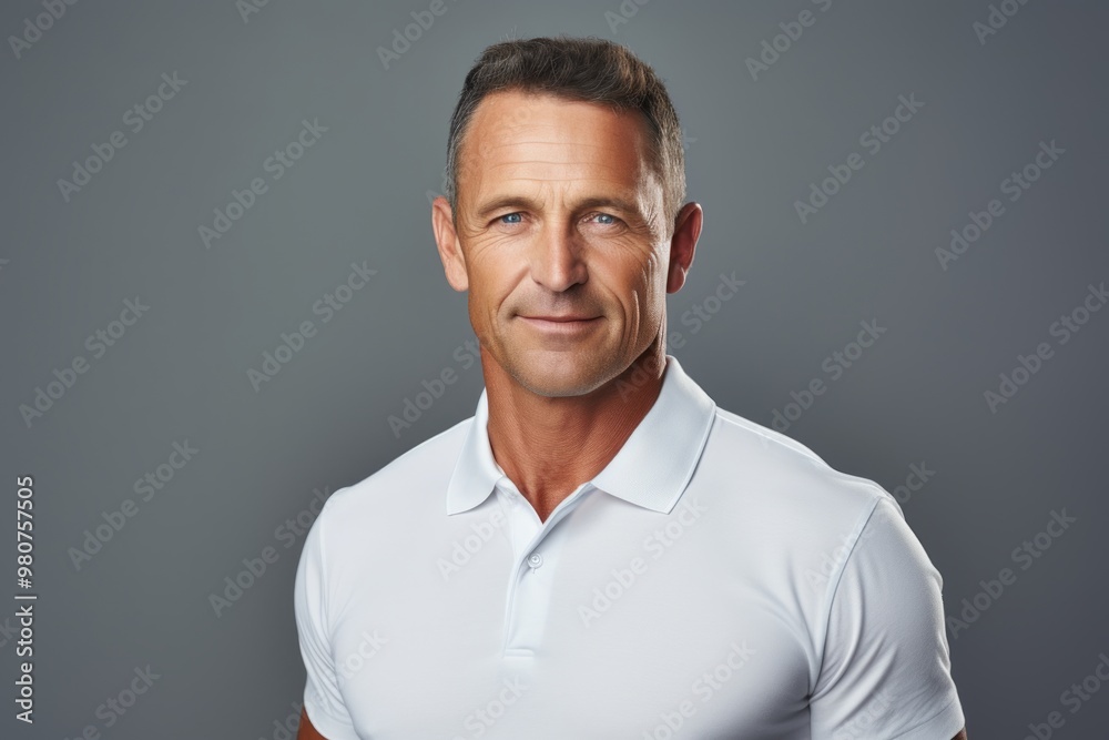 Portrait of a glad man in his 40s wearing a breathable golf polo isolated in soft gray background