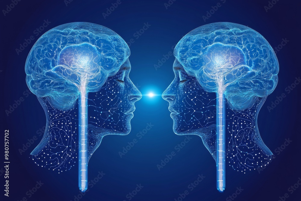 Two blue glowing human brains connected by neural pathways symbolizing the exchange of knowledge and cognitive processes in artificial intelligence and neural science