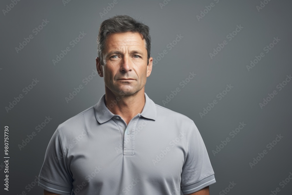 Portrait of a glad man in his 40s wearing a breathable golf polo while standing against soft gray background