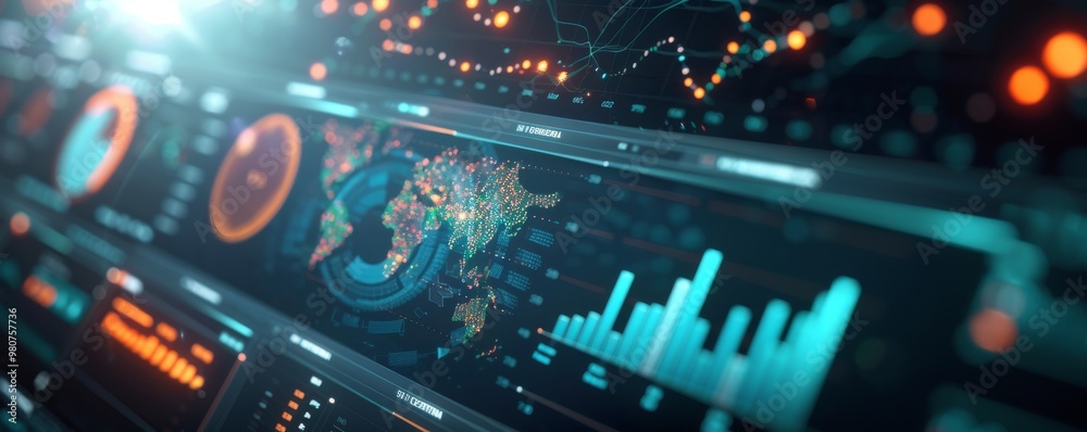 Naklejka premium Futuristic Digital Interface with Global Data and Analytics