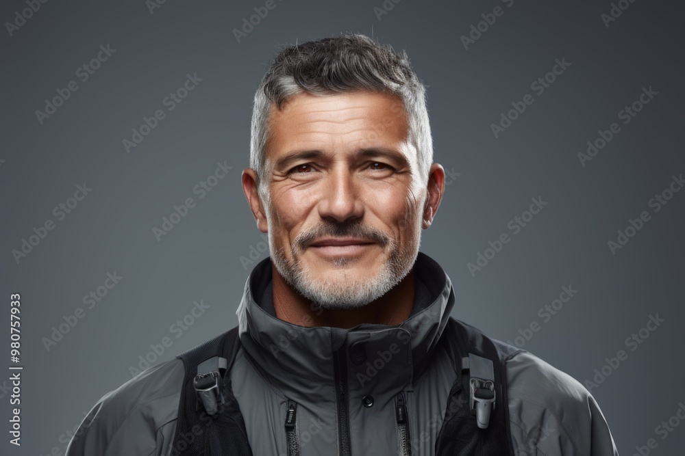 Portrait of a happy man in his 40s dressed in a water-resistant gilet isolated in soft gray background Portrait of a happy man in his 40s dressed in a water-resistant gilet isolated in soft gray background