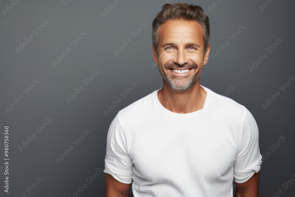 Portrait of a grinning man in his 40s sporting a long-sleeved thermal undershirt isolated in soft gray background Portrait of a grinning man in his 40s sporting a long-sleeved thermal undershirt isolated in soft gray background
