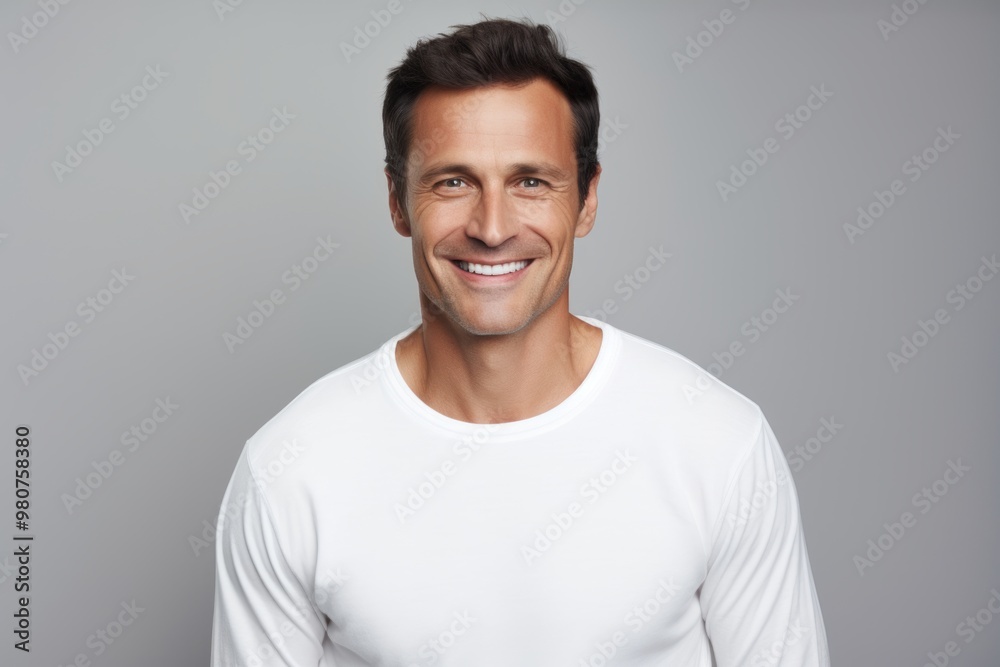 Portrait of a grinning man in his 40s sporting a long-sleeved thermal undershirt in front of soft gray background Portrait of a grinning man in his 40s sporting a long-sleeved thermal undershirt in front of soft gray background