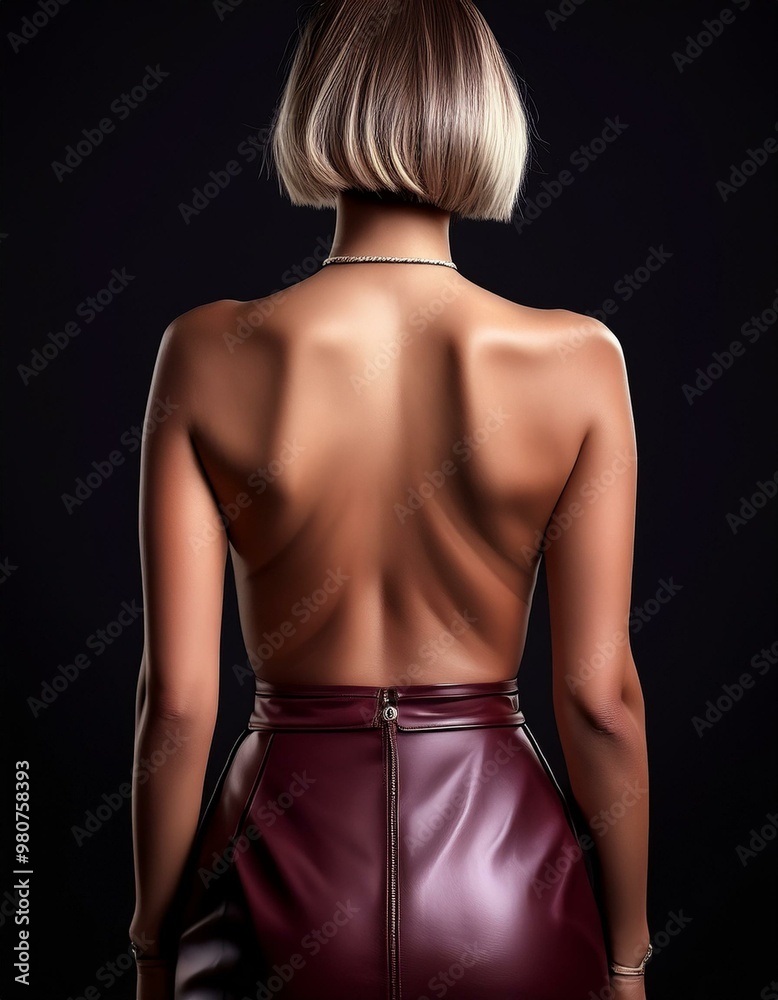 Naklejka premium a blonde woman with short hair, nude shoulders and bare back wearing a red leather skirt on black background, back view 