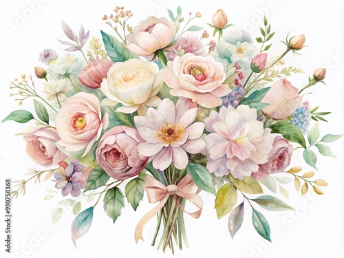 Delicate, hand-painted watercolor flowers in soft pastel hues, with gentle petals and subtle texture, arranged in a beautiful, whimsical bouquet on a clean white background.