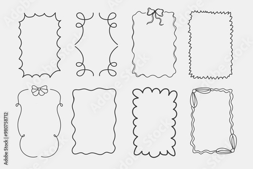 Set of drawing wavy elegant outline frame. Abstract curve whimsical border with bow tie. Vertical border frame card