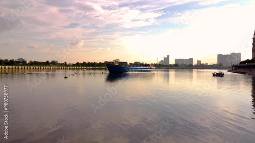 Wallpaper Mural Cargo ship boat Mekong river, Phnom Penh, capital of Cambodia Asia SE Torontodigital.ca