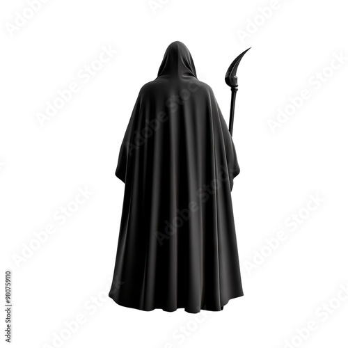 A mysterious figure in a black cloak holding a scythe, embodying themes of death and the unknown.