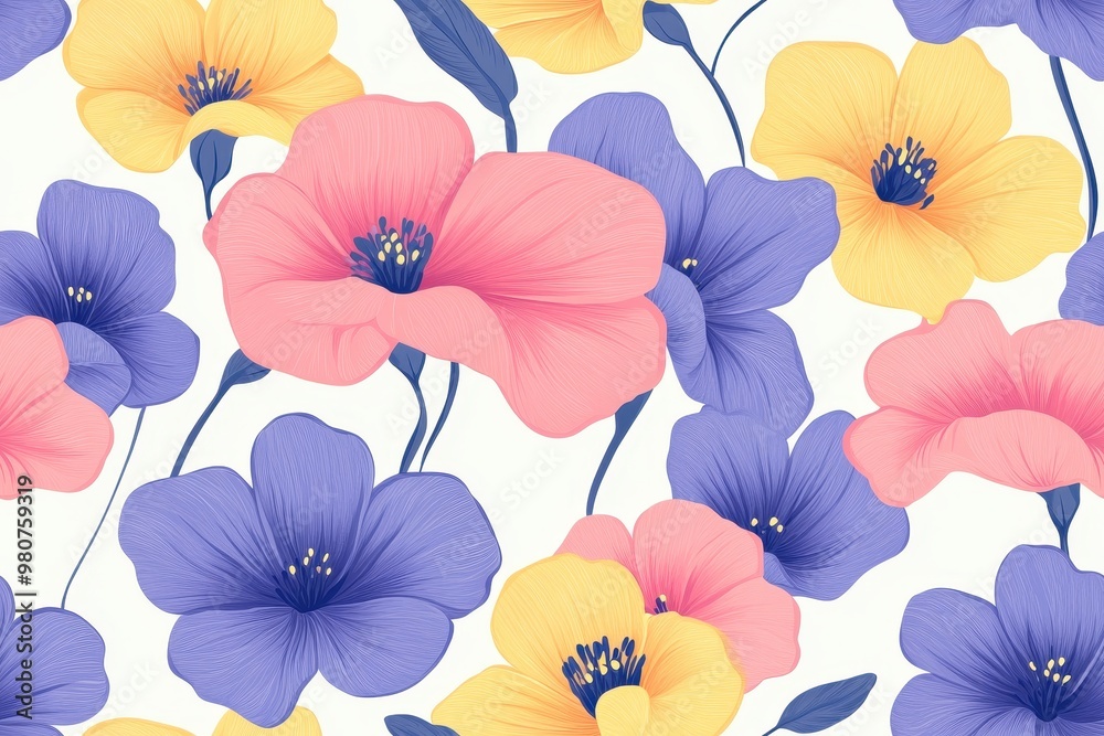 custom made wallpaper toronto digitalA vibrant floral pattern featuring pink, purple, and yellow flowers on a light background.