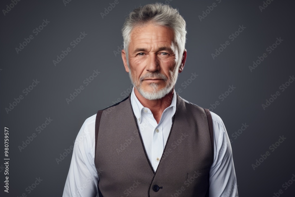 Portrait of a tender man in his 60s dressed in a polished vest while standing against soft gray background Portrait of a tender man in his 60s dressed in a polished vest while standing against soft gray background