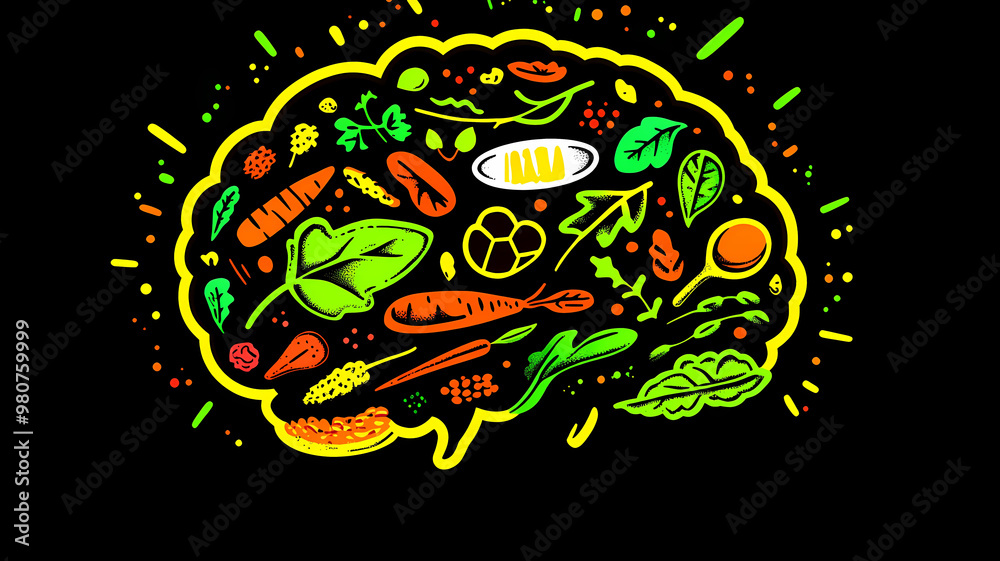 brain logo composed entirely of healthy foods. The brain’s shape is defined by vibrant vegetables, 