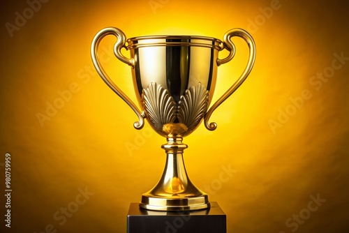 Shiny golden trophy cup with ornate handles and detailed engravings sits proudly alone on a bright yellow background, symbolizing excellence and championship success. photo