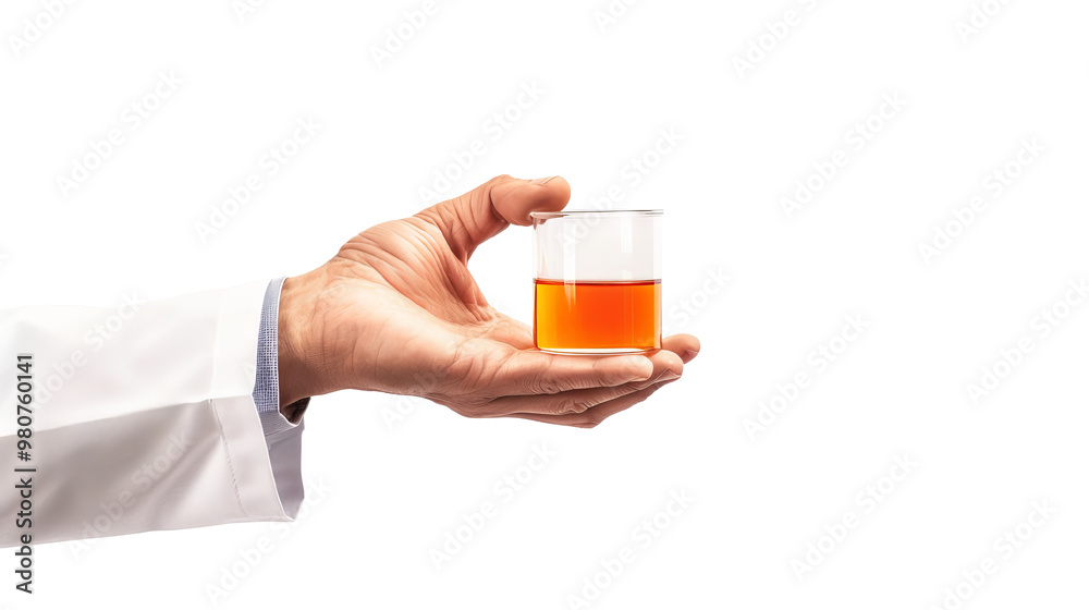 A scientist holds a small glass container with orange liquid, emphasizing laboratory research and chemical analysis. A scientist holds a small glass container with orange liquid, emphasizing laboratory research and chemical analysis.