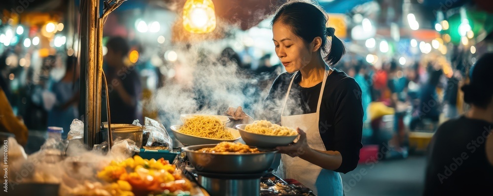 A food vendor prepares delicious noodles at a vibrant night market filled with excitement and aromas. A food vendor prepares delicious noodles at a vibrant night market filled with excitement and aromas.