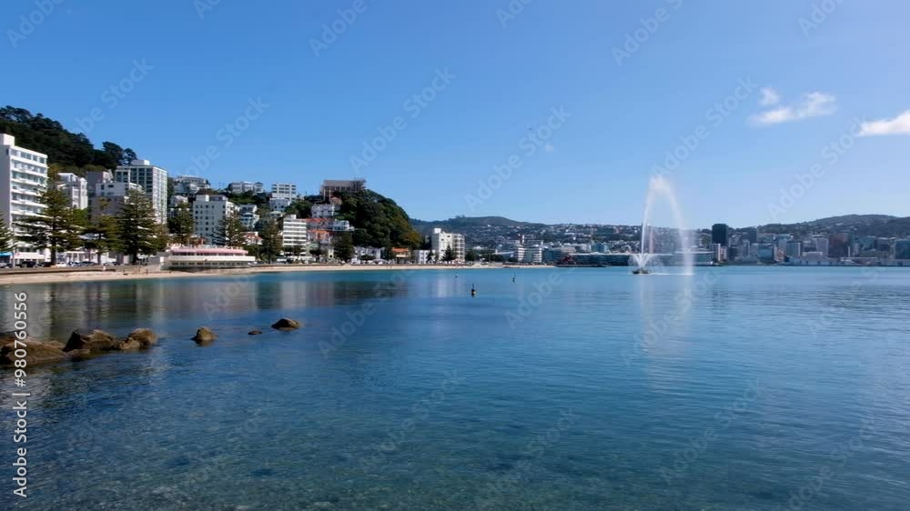 Stunning view of Wellington's Oriental Bay houses, apartments and beach with ocean and water fountain and cityscape of capital city in New Zealand Aotearoa Stunning view of Wellington's Oriental Bay houses, apartments and beach with ocean and water fountain and cityscape of capital city in New Zealand Aotearoa