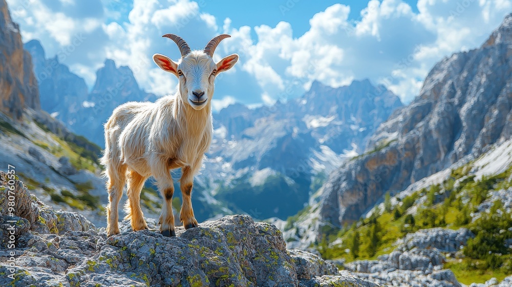 Obraz premium Majestic Mountain Goat Surveying Panoramic View from Rocky Outcrop