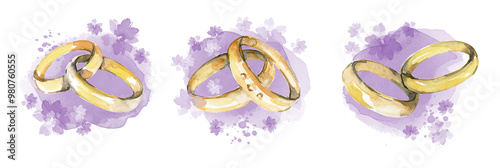 A set of gold rings for a wedding, engagement on a purple watercolor spot. Rings, jewelry on a background with flowers, watercolor spots. Wedding accessories in sketch style, icons on a white